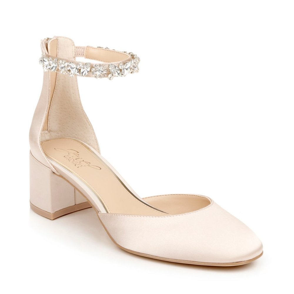 JEWEL BADGLEY MISCHKA CATHLEEN CHAMPAGNE SATIN BLOCK HEEL PUMP 7 NEW FAIRY